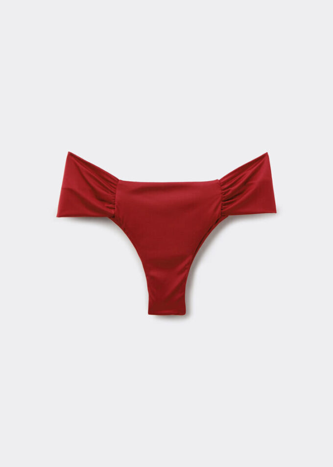 Slipuri braziliene de baie drapate din satin strălucitor Slipuri braziliene de baie drapate din satin strălucitor