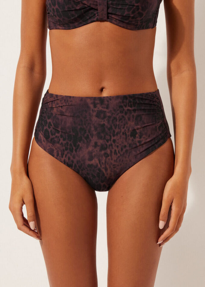 Slipuri de bikini cu talie înaltă, imprimeu animalier închis Slipuri de bikini cu talie înaltă, imprimeu animalier închis