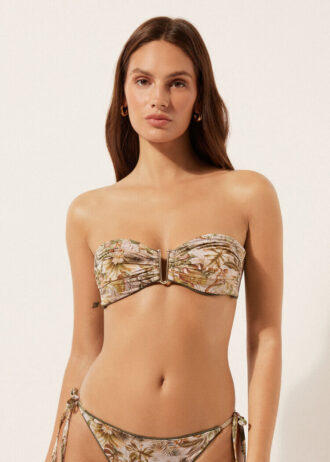 Top de bikini bandeau cu frunziș tropical