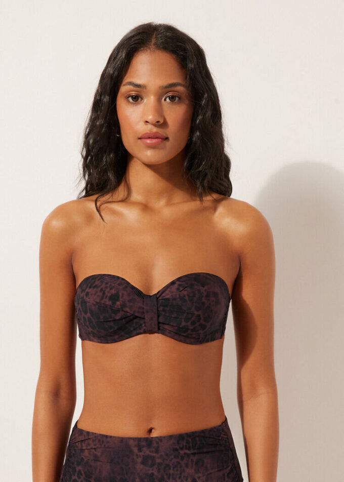 Top de bikini bandeau cu imprimeu animalier închis Top de bikini bandeau cu imprimeu animalier închis