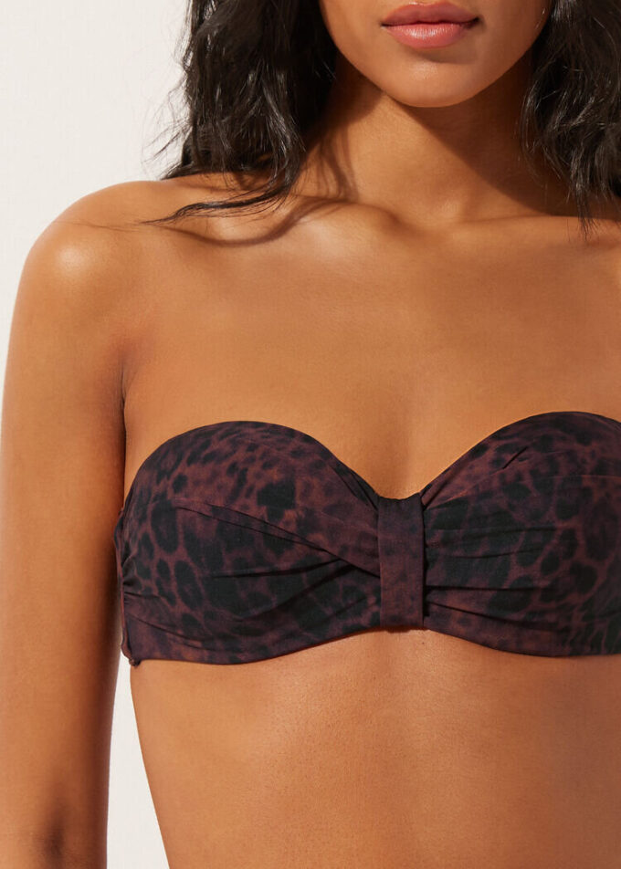 Top de bikini bandeau cu imprimeu animalier închis Top de bikini bandeau cu imprimeu animalier închis