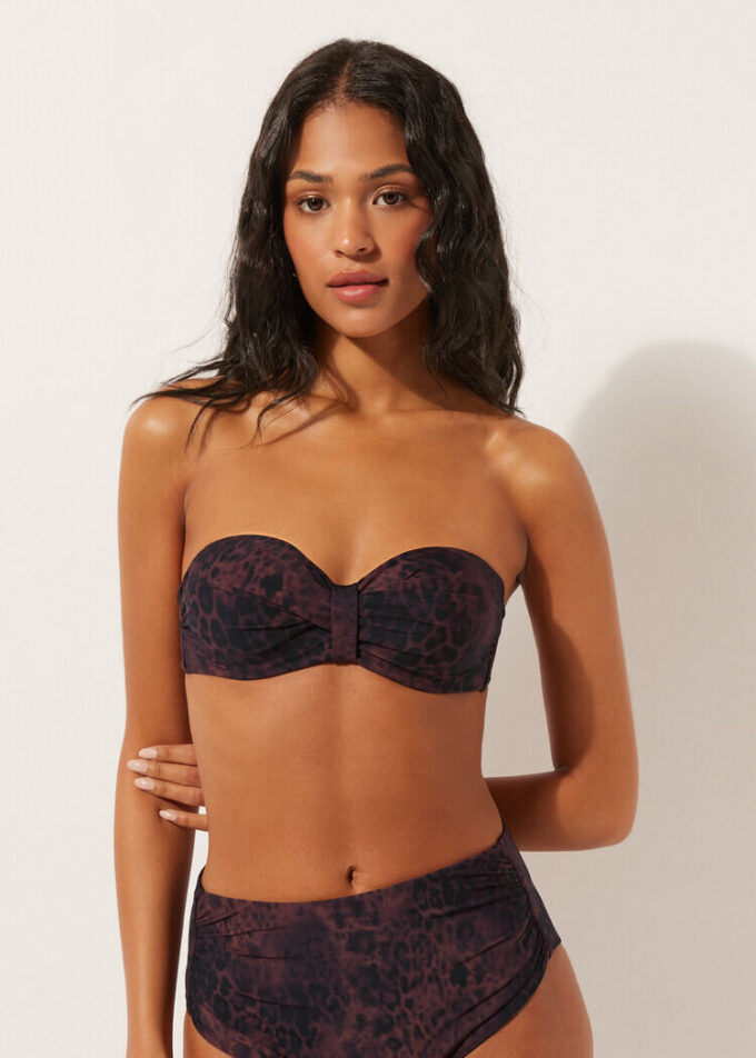 Top de bikini bandeau cu imprimeu animalier închis Top de bikini bandeau cu imprimeu animalier închis