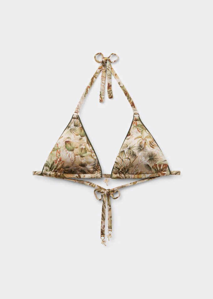Top de bikini cu topuri triunghi cu frunziș tropical