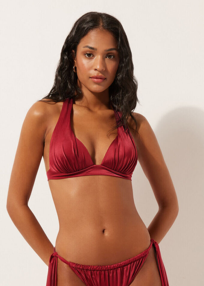 Top de costum de baie cu topuri triunghiulare cu pernițe gradate, din satin lucios Top de costum de baie cu topuri triunghiulare cu pernițe gradate, din satin lucios