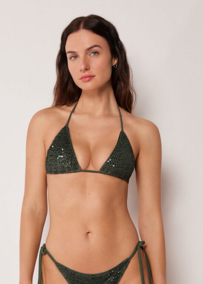 Top de costum de baie triunghiular din plasă cu paiete